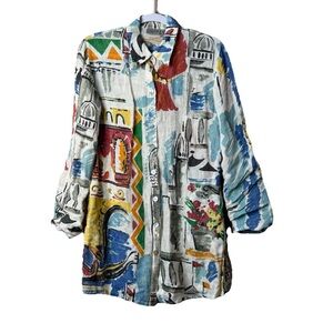 Chico's 100% Linen Multicolor Button Top Art To Wear Size 0 S L45